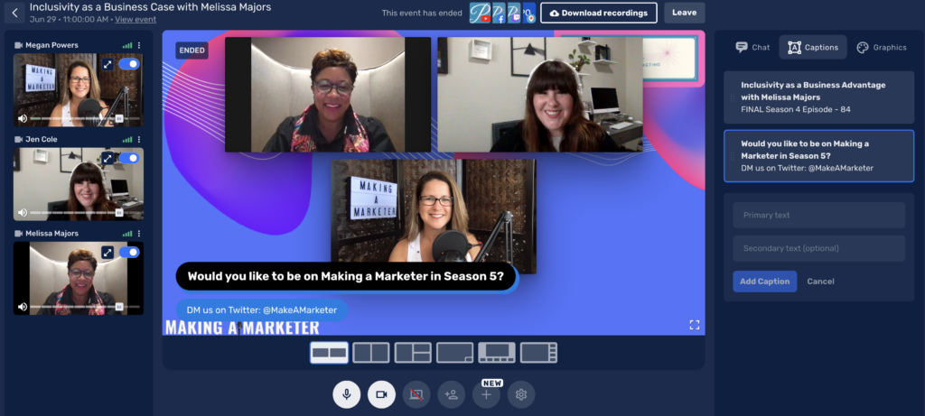 Behind the scenes image of Megan and Jen hosting episode 84 of the Making a Marketer podcast with Melissa Majors